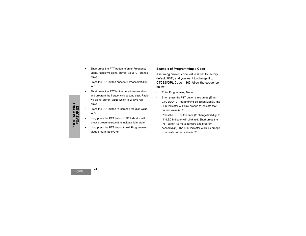 Example of programming a code | Motorola RDX SERIES RDU4100 User Manual | Page 46 / 99