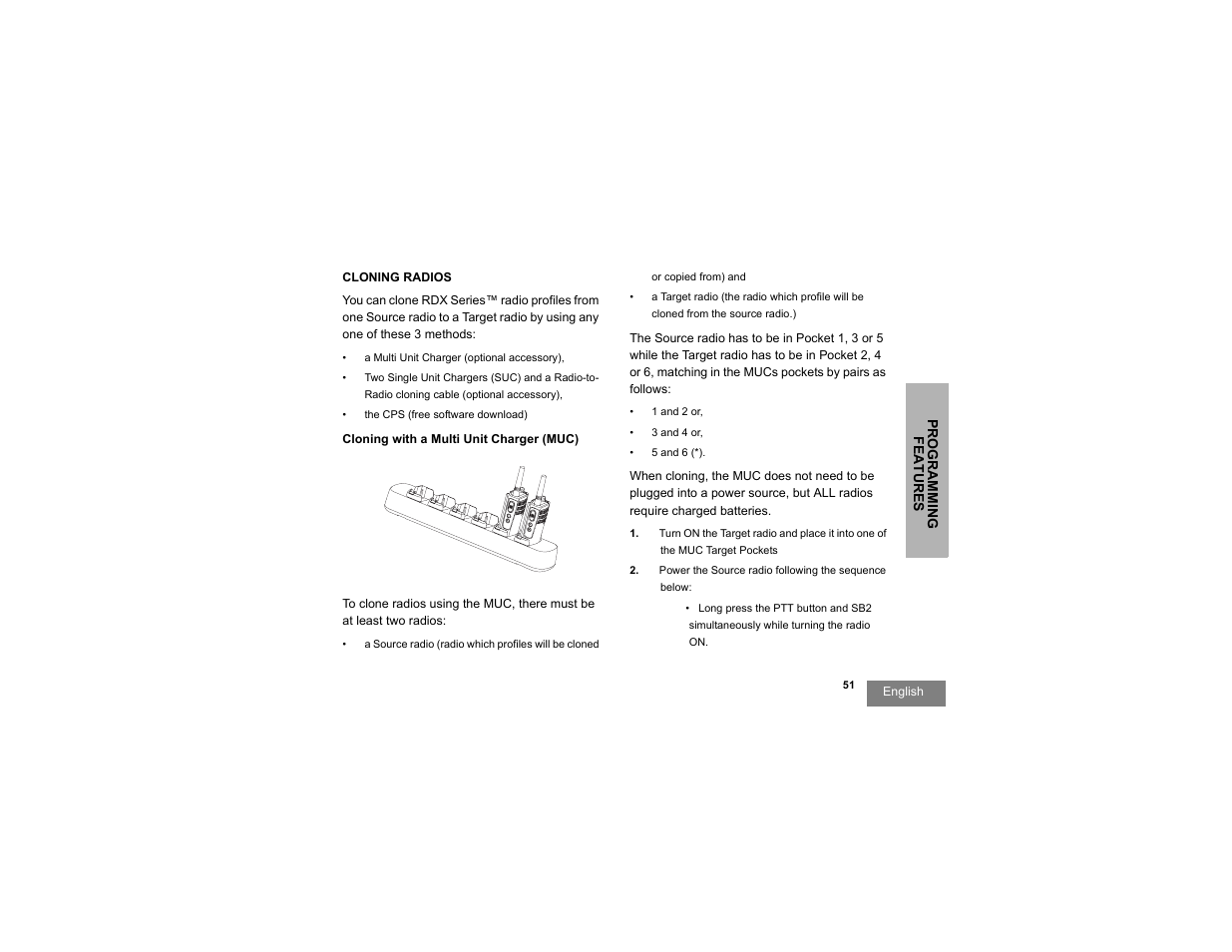 Cloning radios, Cloning with a multi unit charger (muc) | Motorola RDX SERIES RDU4100 User Manual | Page 53 / 99