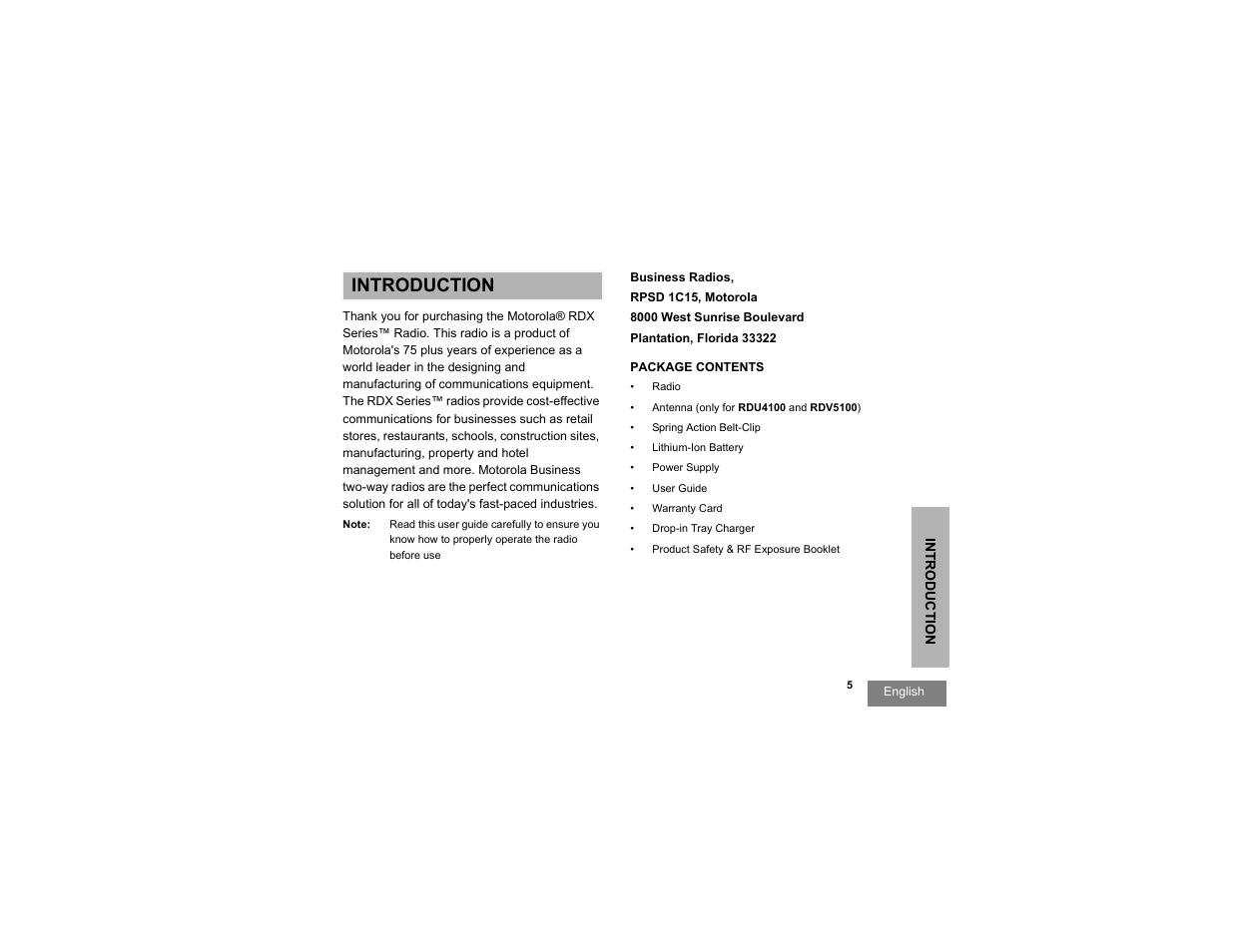Introduction, Introduction package contents | Motorola RDX SERIES RDU4100 User Manual | Page 7 / 99