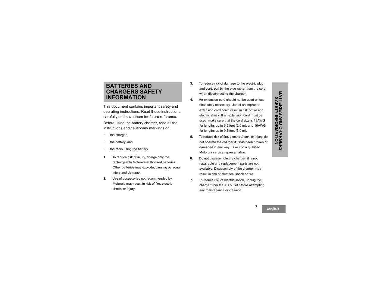 Batteries and chargers safety information | Motorola RDX SERIES RDU4100 User Manual | Page 9 / 99
