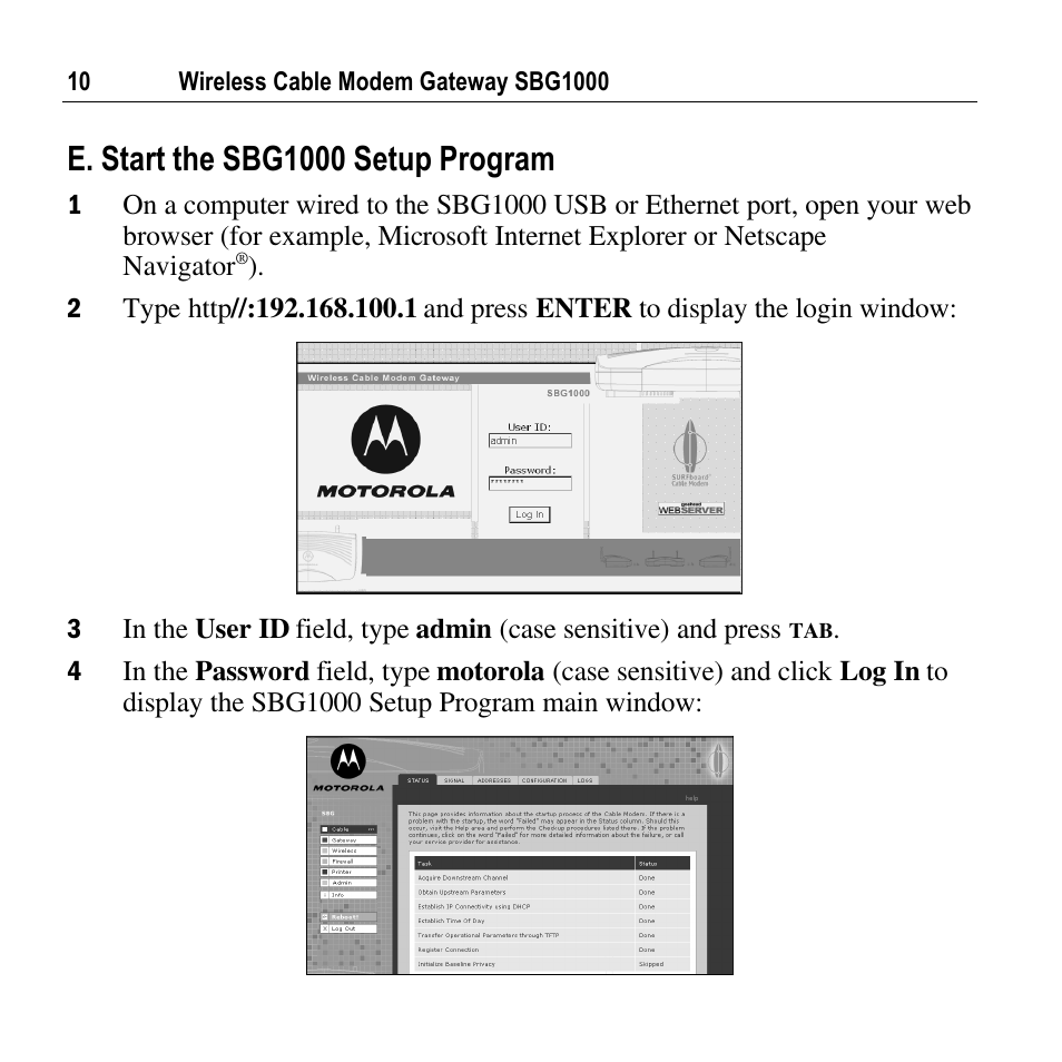 E. start the sbg1000 setup program | Motorola SURFBOARD SBG1000 User Manual | Page 10 / 16