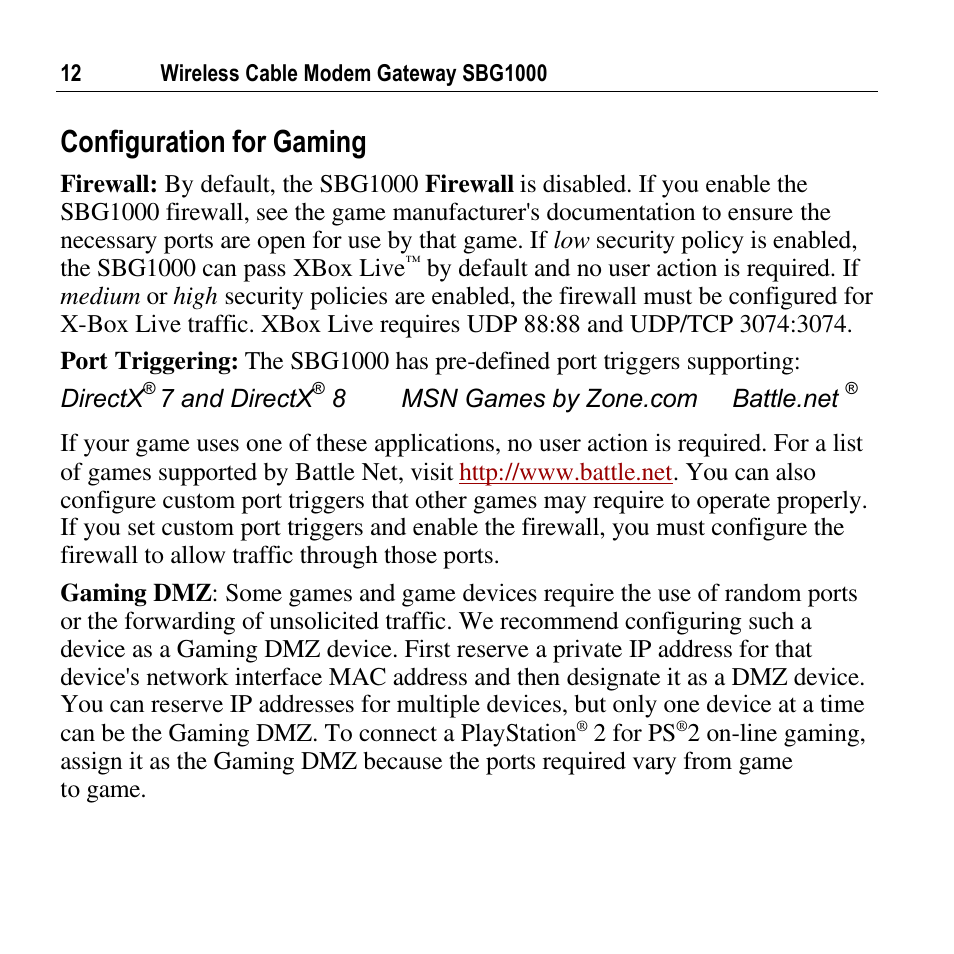Configuration for gaming | Motorola SURFBOARD SBG1000 User Manual | Page 12 / 16