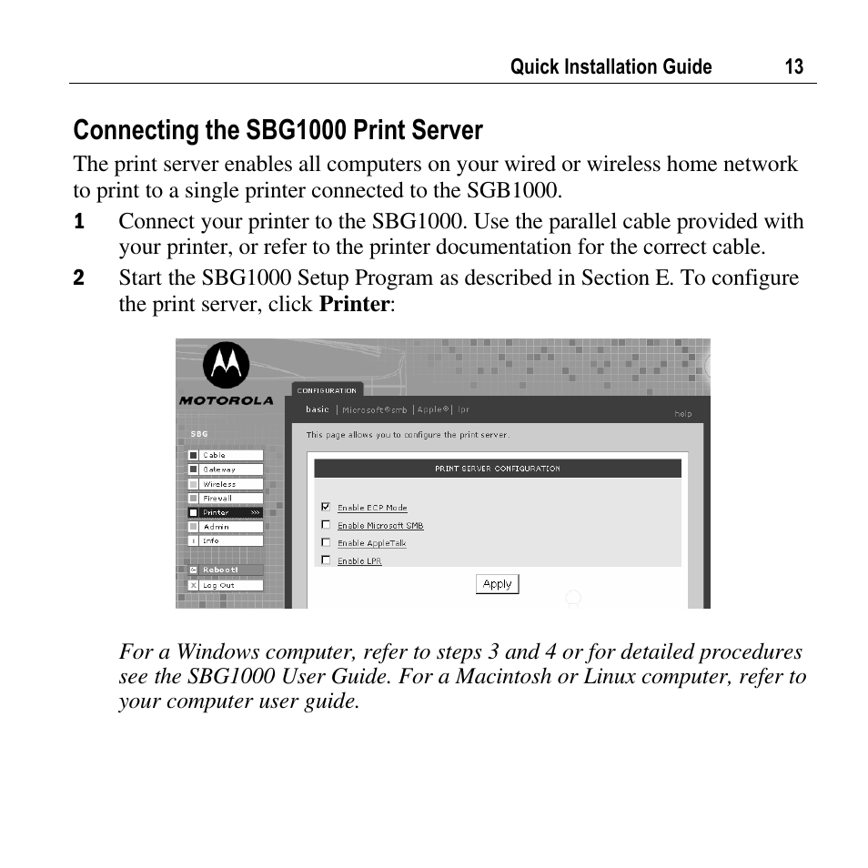 Connecting the sbg1000 print server | Motorola SURFBOARD SBG1000 User Manual | Page 13 / 16