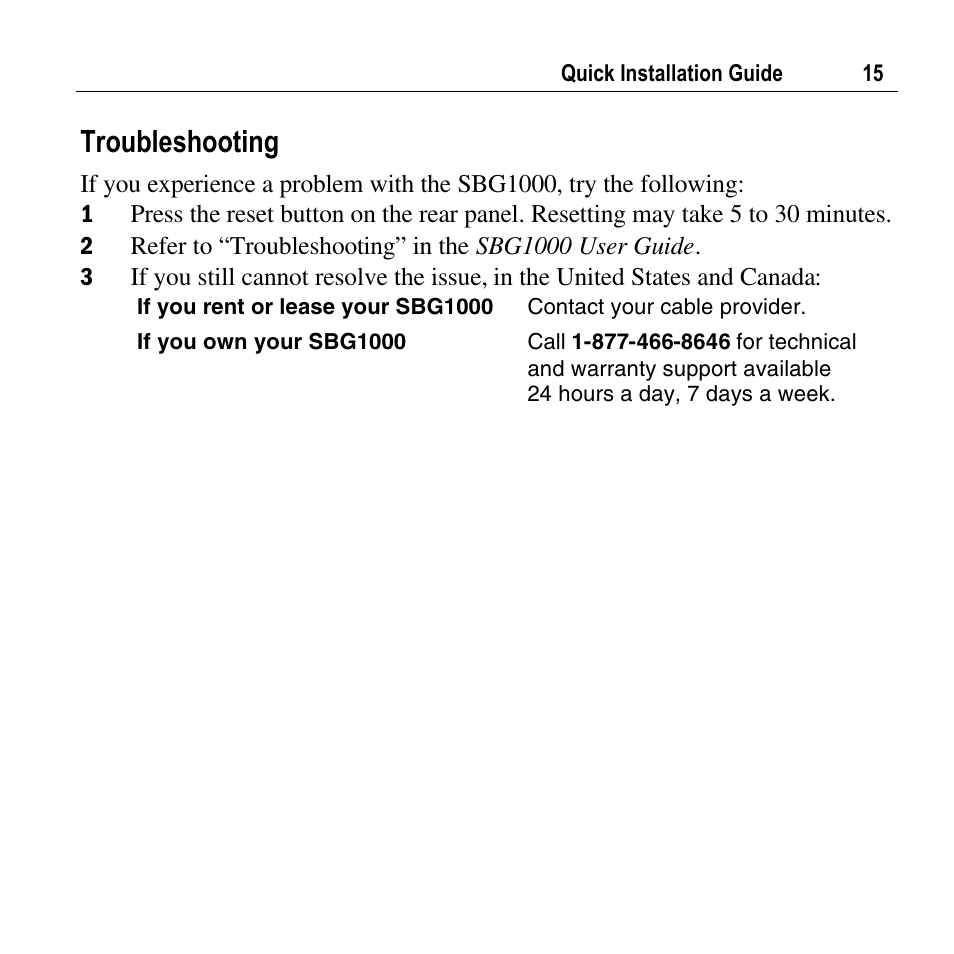 Troubleshooting | Motorola SURFBOARD SBG1000 User Manual | Page 15 / 16