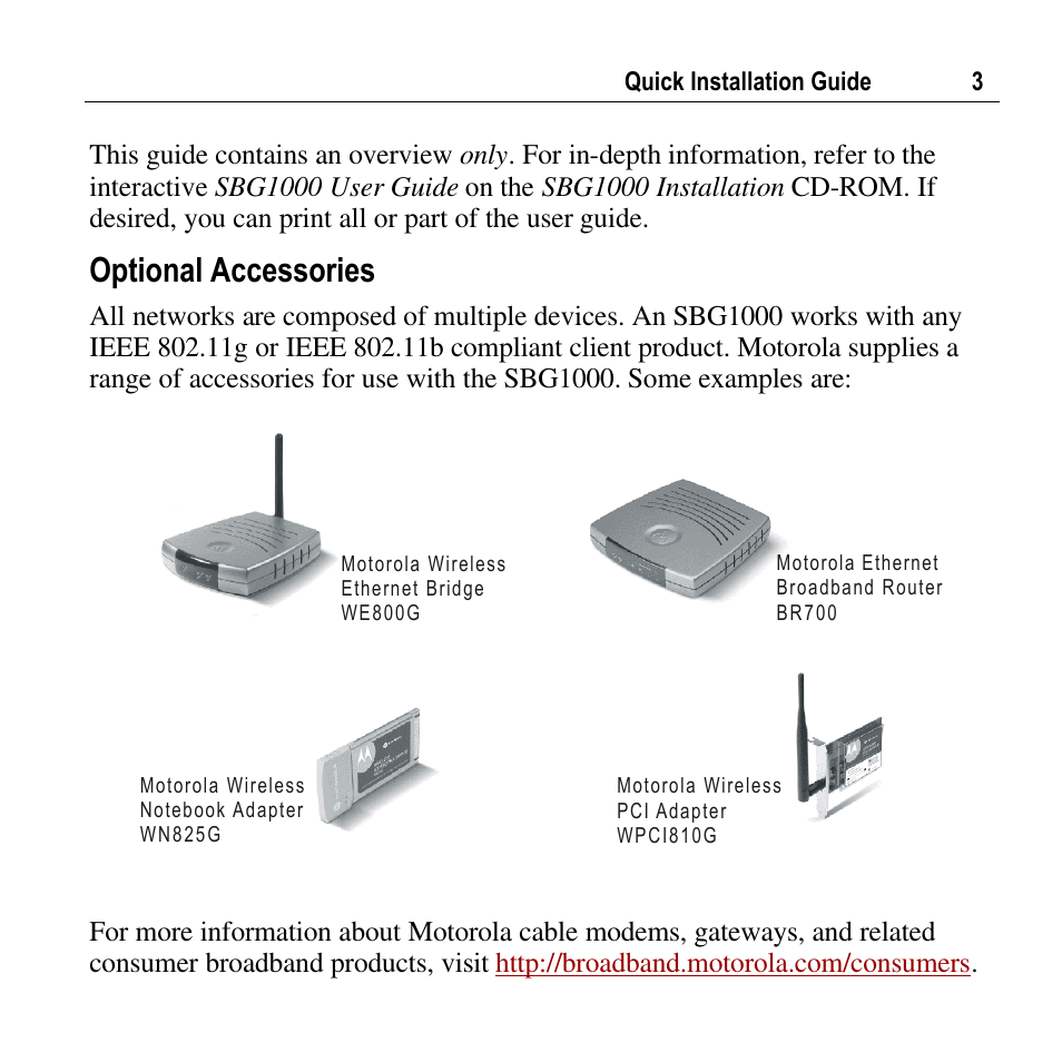 Optional accessories | Motorola SURFBOARD SBG1000 User Manual | Page 3 / 16