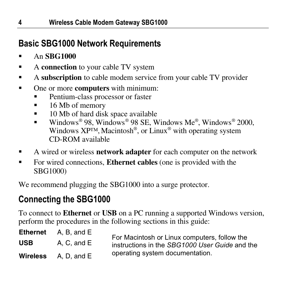 Basic sbg1000 network requirements, Connecting the sbg1000 | Motorola SURFBOARD SBG1000 User Manual | Page 4 / 16