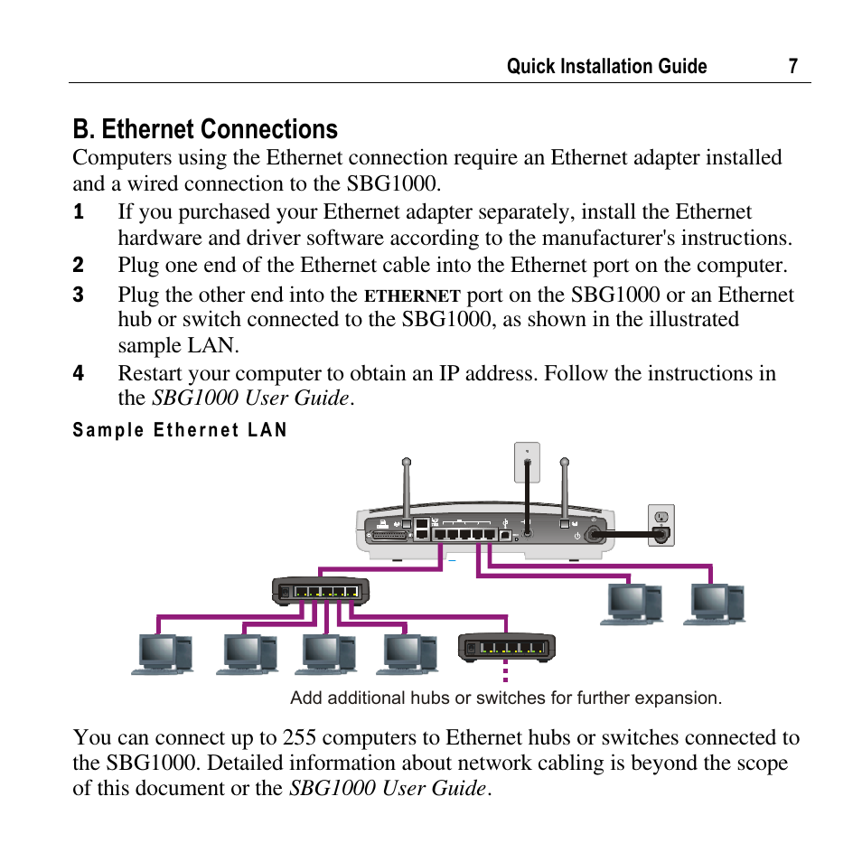 B. ethernet connections, Quick installation guide 7 | Motorola SURFBOARD SBG1000 User Manual | Page 7 / 16