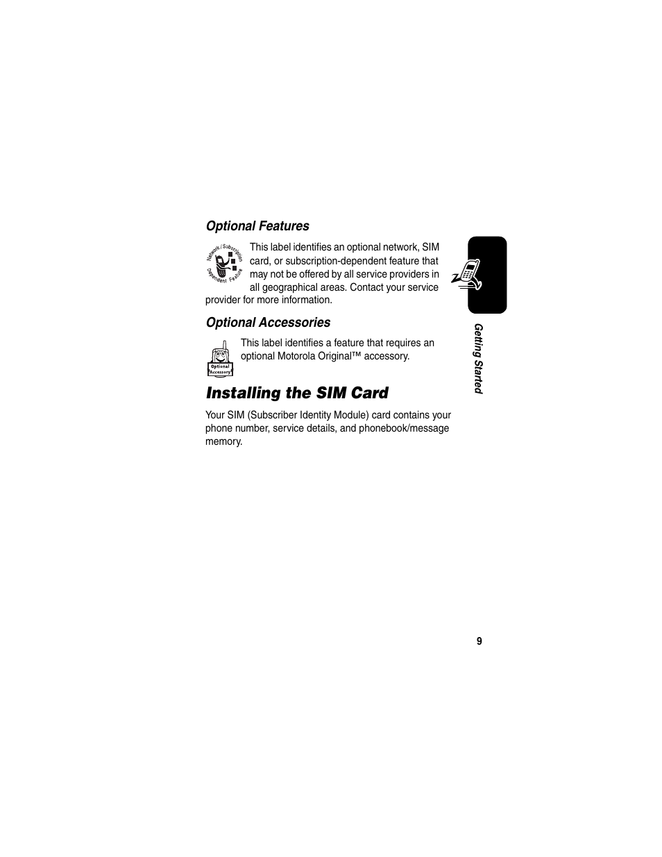 Installing the sim card | Motorola E398 User Manual | Page 10 / 120