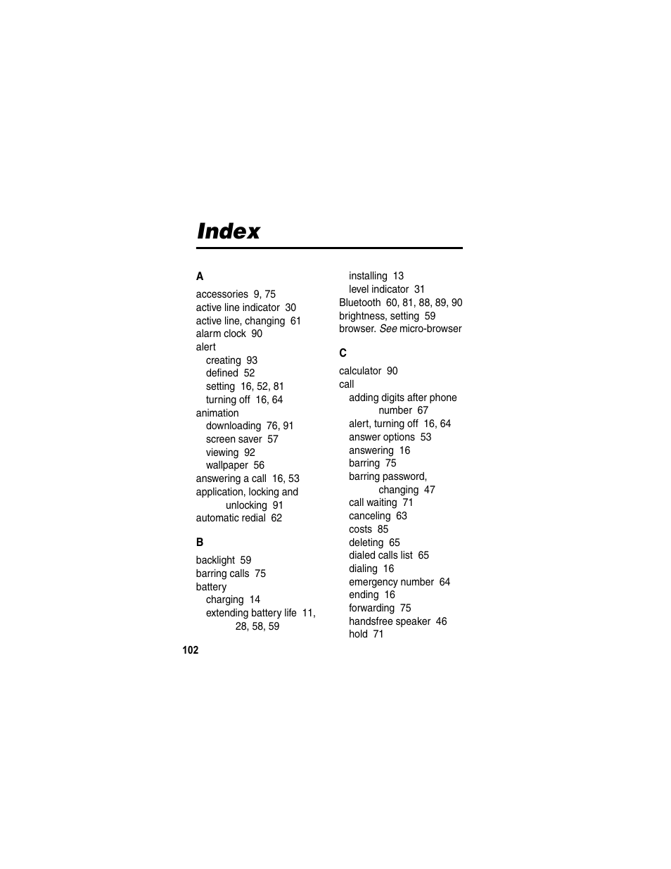 Index, Safety and general information | Motorola E398 User Manual | Page 103 / 120