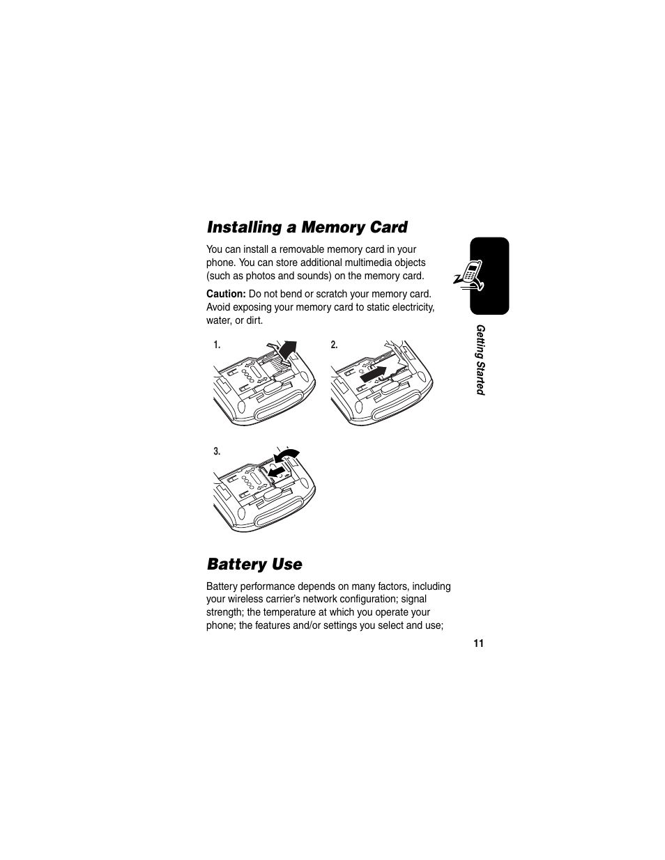 Installing a memory card, Battery use, Installing a memory card battery use | Motorola E398 User Manual | Page 12 / 120