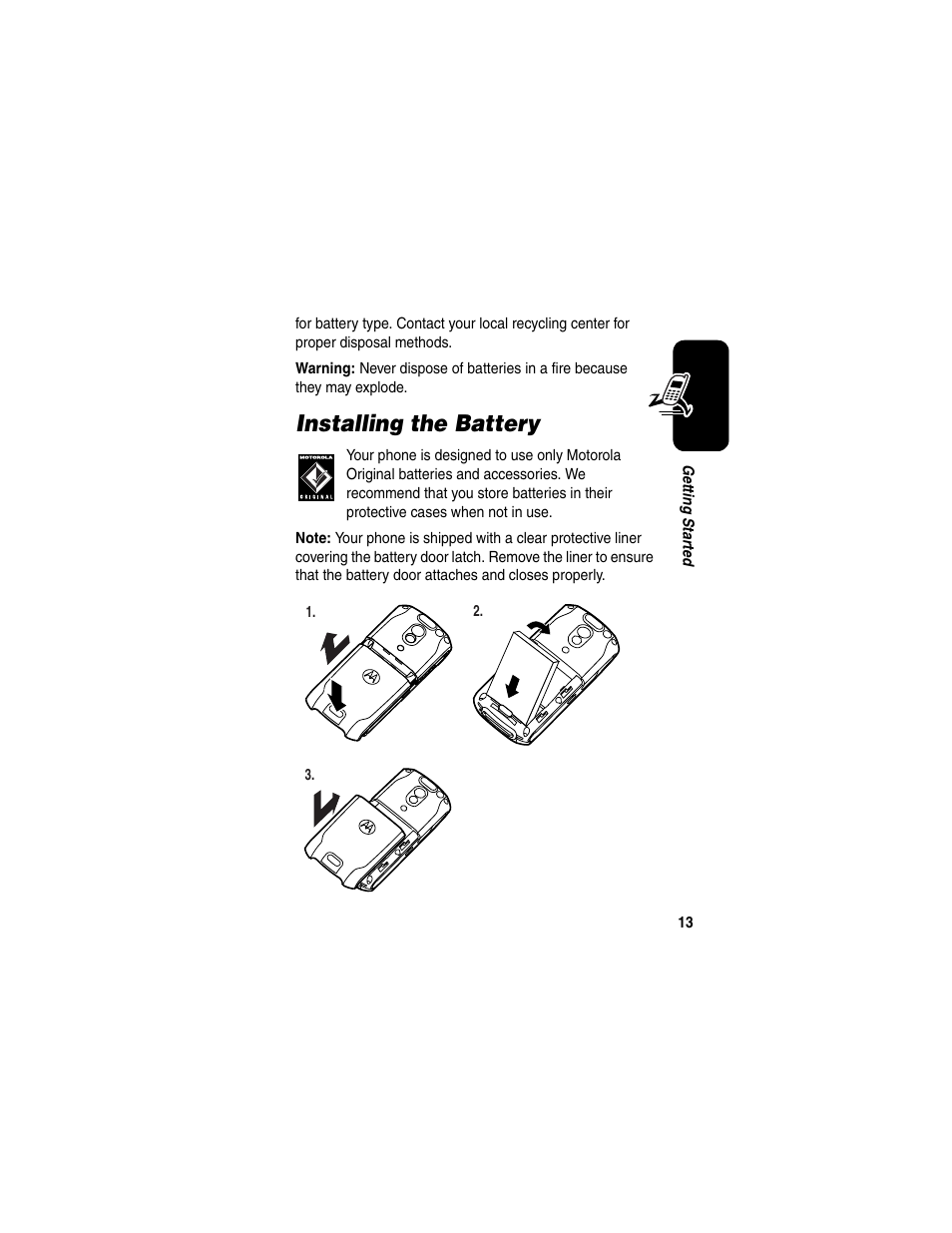 Installing the battery | Motorola E398 User Manual | Page 14 / 120