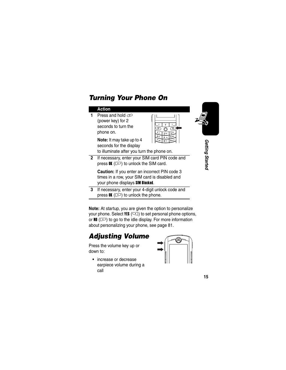 Turning your phone on, Adjusting volume, Turning your phone on adjusting volume | Motorola E398 User Manual | Page 16 / 120