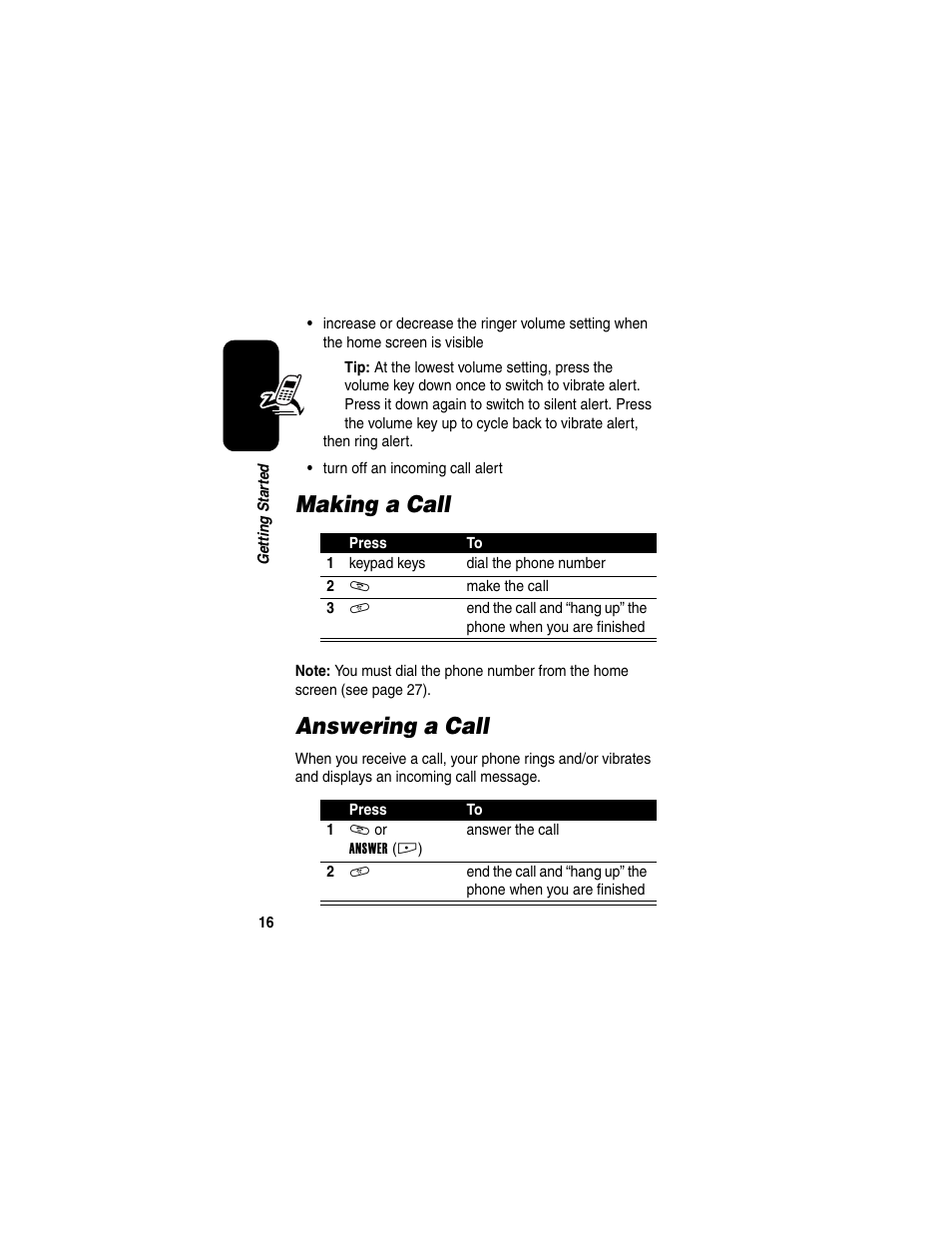 Making a call, Answering a call, Making a call answering a call | Motorola E398 User Manual | Page 17 / 120