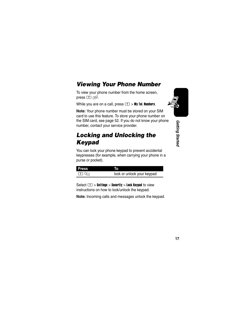 Viewing your phone number, Locking and unlocking the keypad | Motorola E398 User Manual | Page 18 / 120