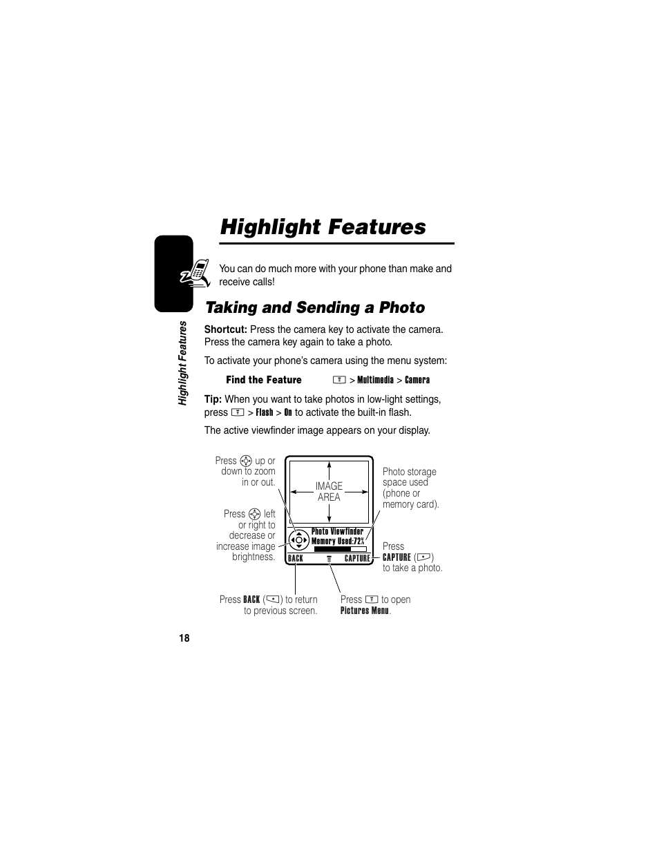 Highlight features, Taking and sending a photo | Motorola E398 User Manual | Page 19 / 120