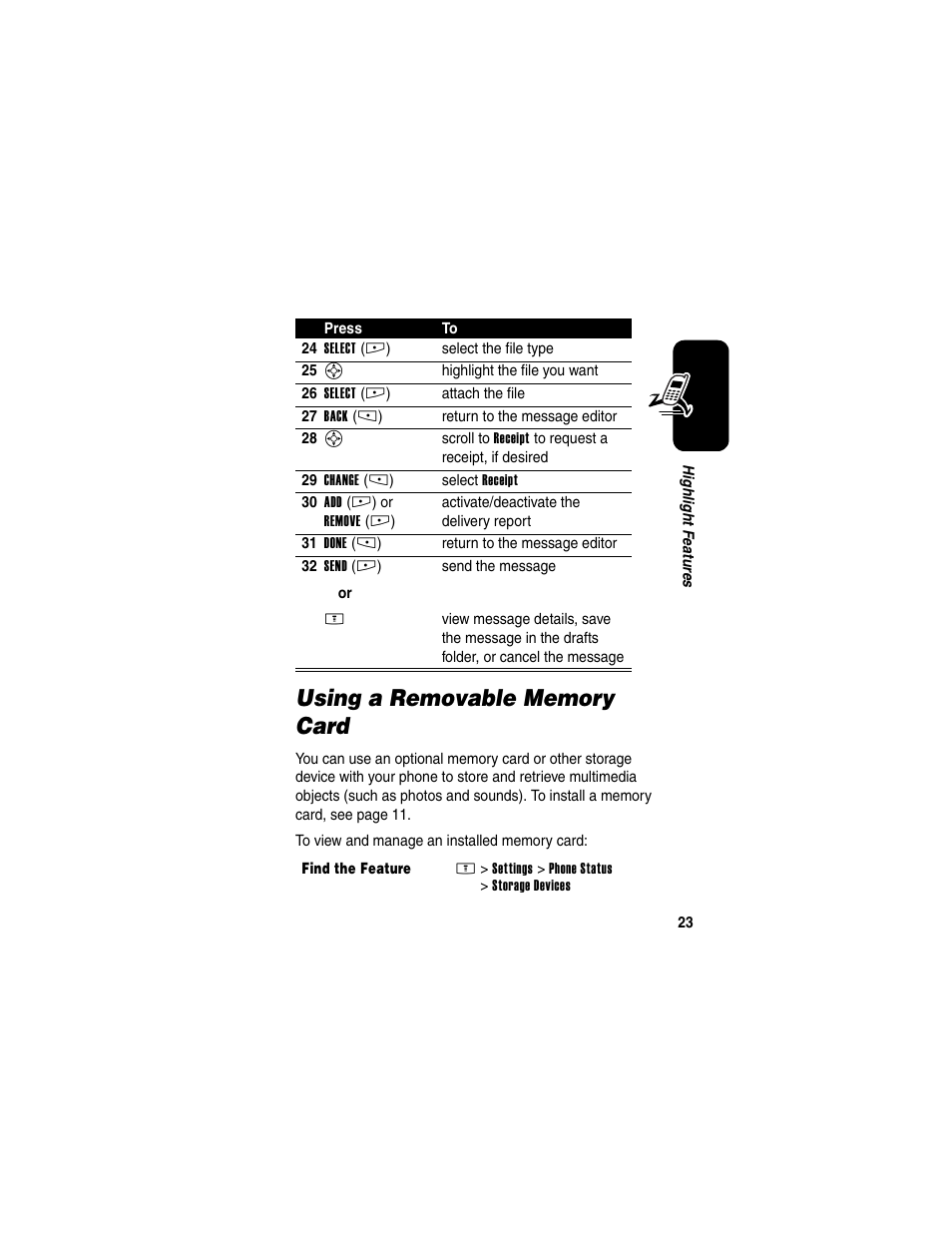 Using a removable memory card | Motorola E398 User Manual | Page 24 / 120