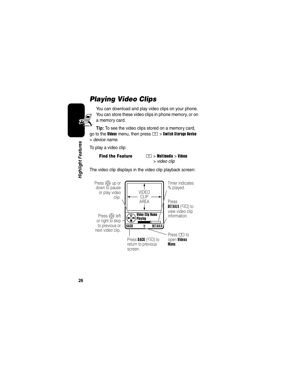Playing video clips | Motorola E398 User Manual | Page 27 / 120