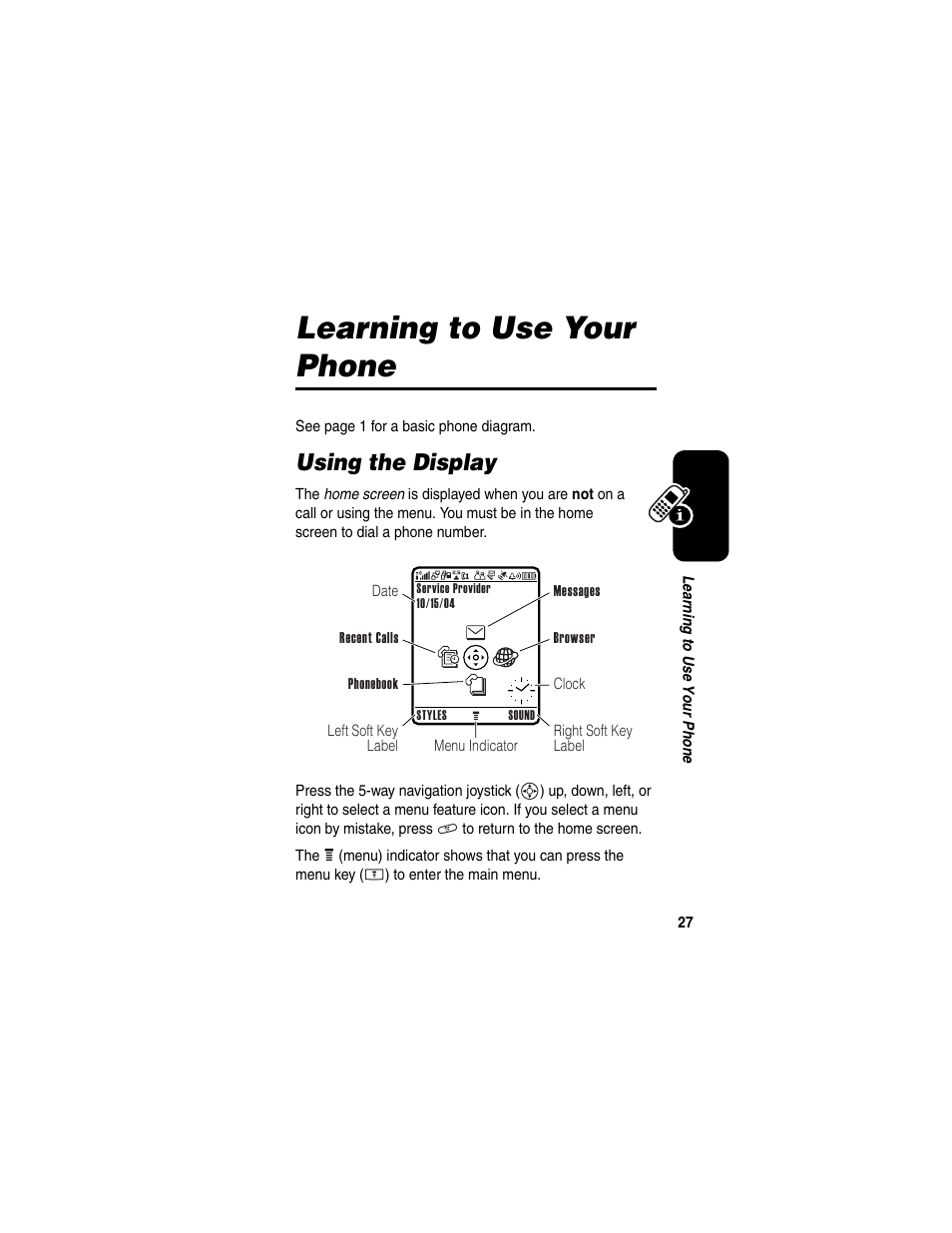 Learning to use your phone, Using the display | Motorola E398 User Manual | Page 28 / 120