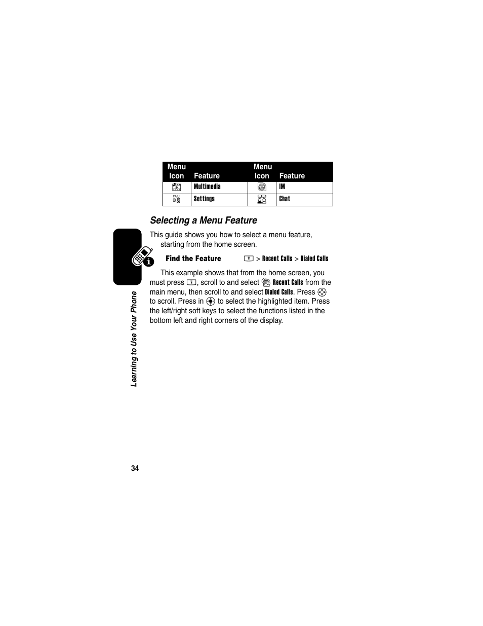 Selecting a menu feature | Motorola E398 User Manual | Page 35 / 120