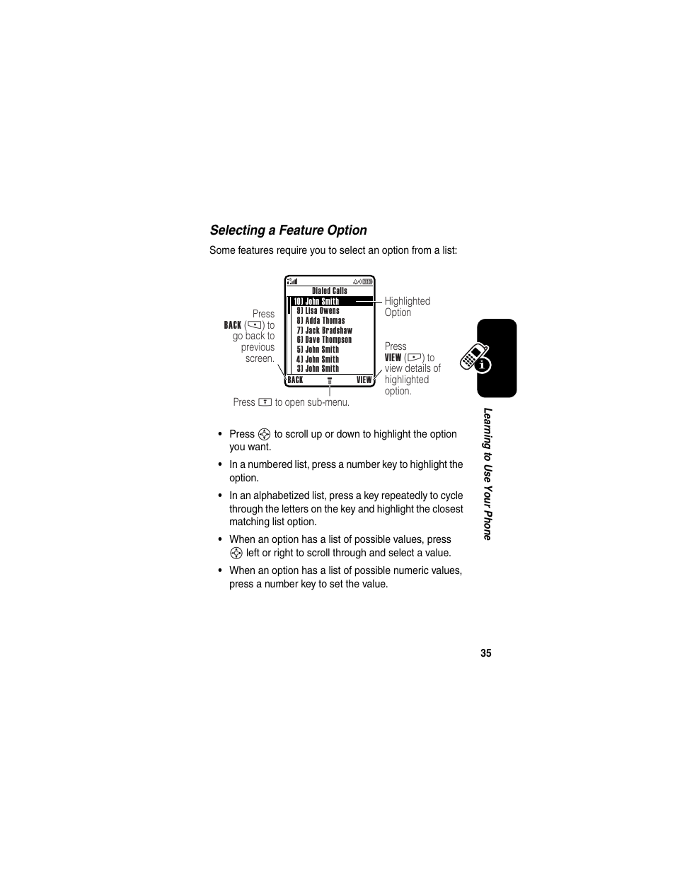 Selecting a feature option | Motorola E398 User Manual | Page 36 / 120