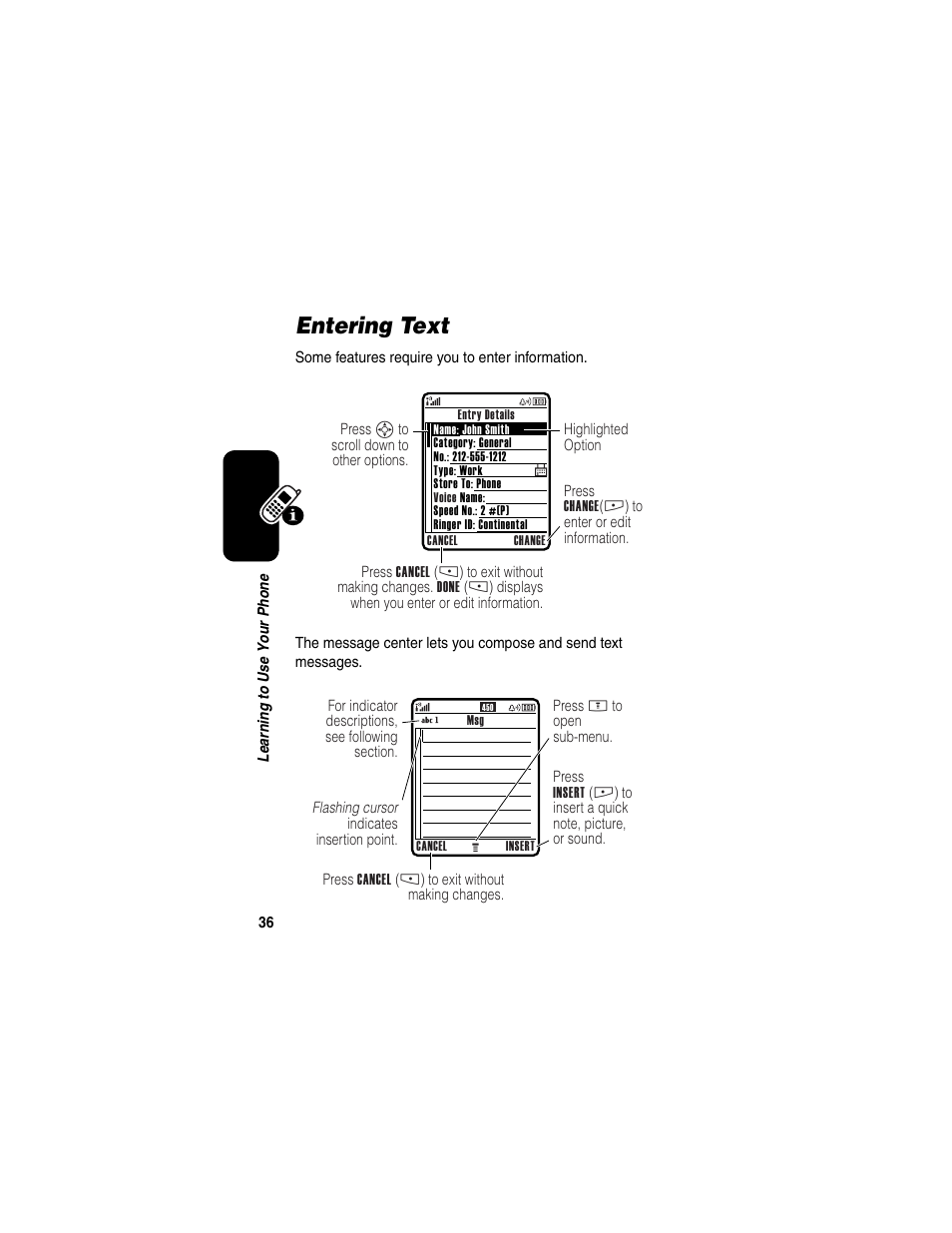 Entering text | Motorola E398 User Manual | Page 37 / 120