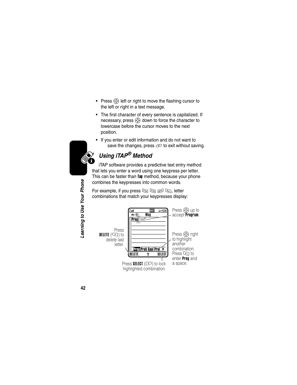 Using itap, Method | Motorola E398 User Manual | Page 43 / 120