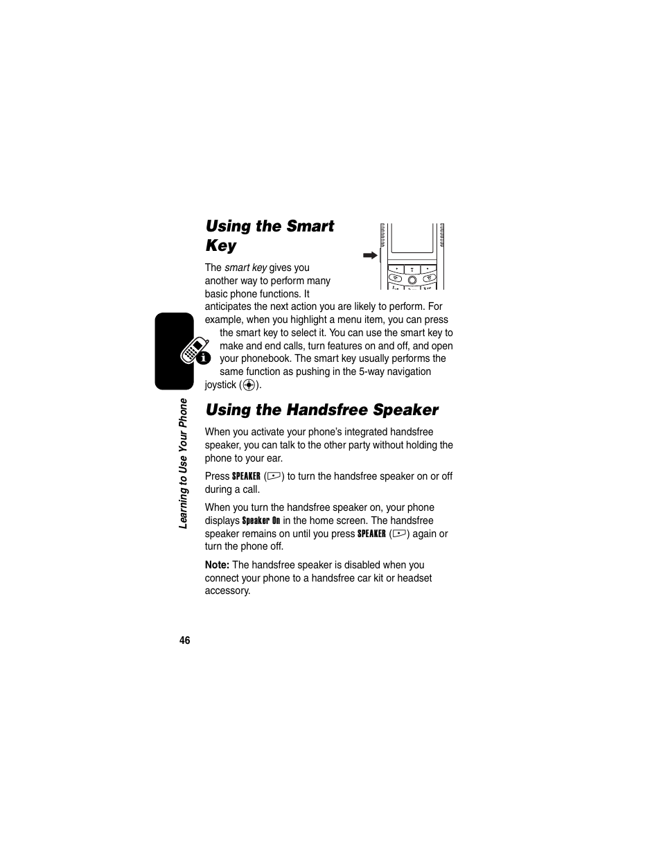 Using the smart key, Using the handsfree speaker, Using the smart key using the handsfree speaker | Motorola E398 User Manual | Page 47 / 120