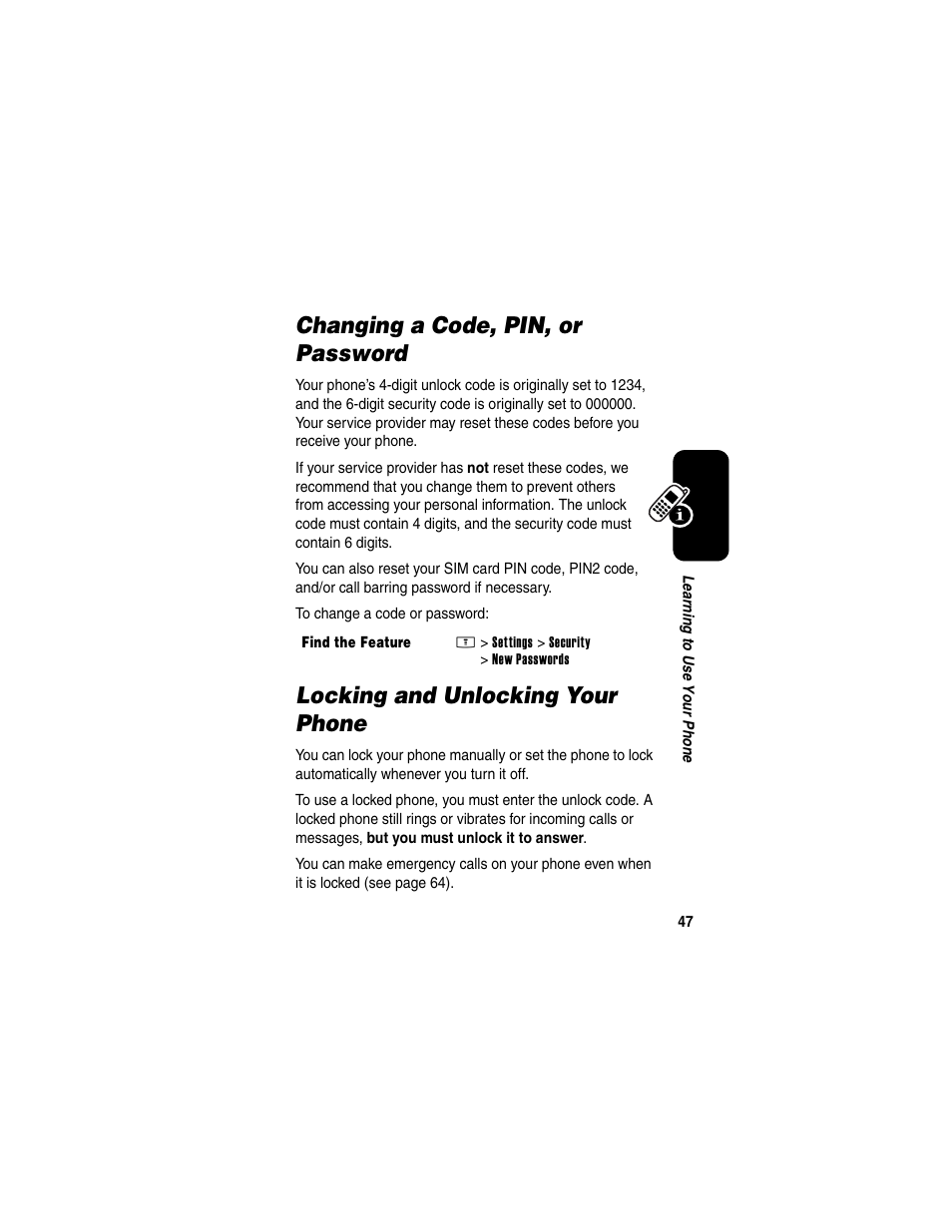 Changing a code, pin, or password, Locking and unlocking your phone | Motorola E398 User Manual | Page 48 / 120
