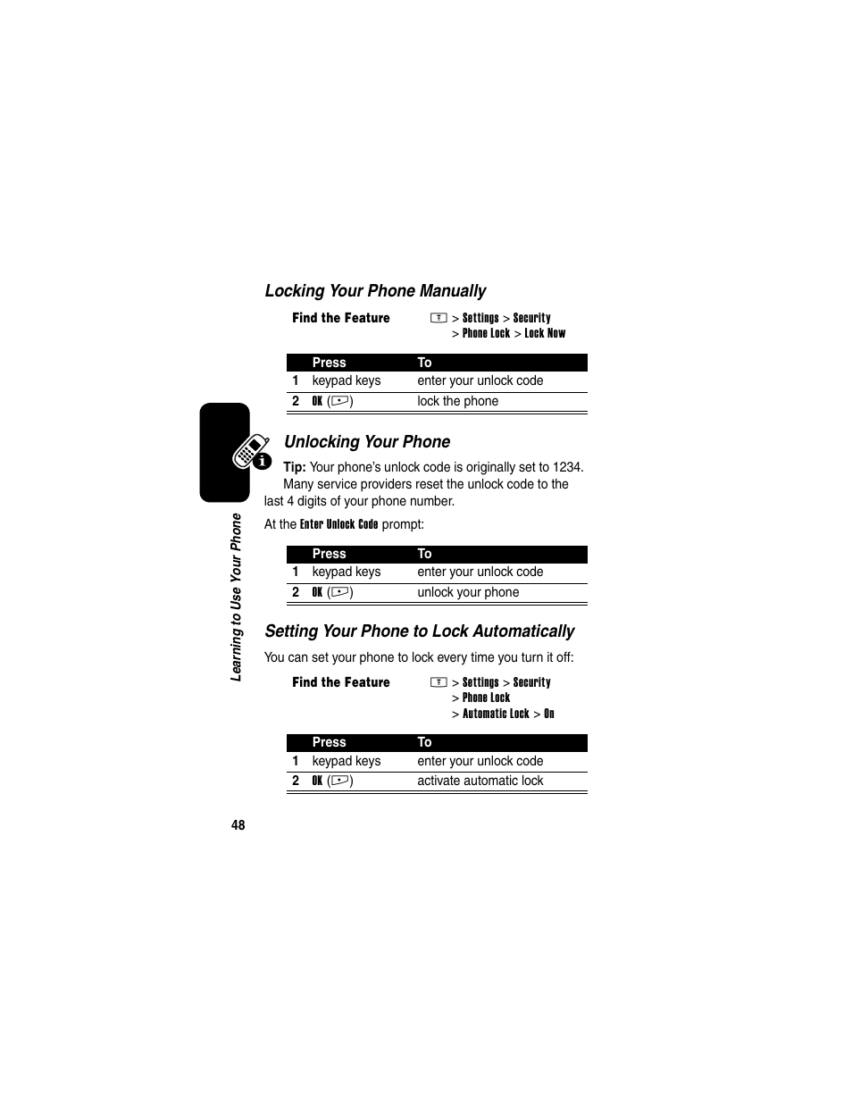 Locking your phone manually unlocking your phone, Setting your phone to lock automatically | Motorola E398 User Manual | Page 49 / 120