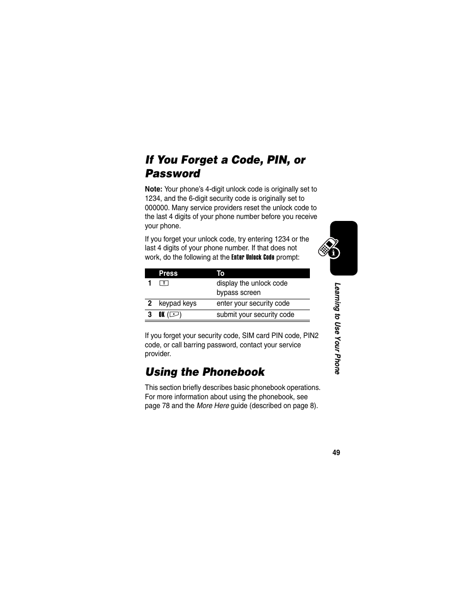If you forget a code, pin, or password, Using the phonebook | Motorola E398 User Manual | Page 50 / 120