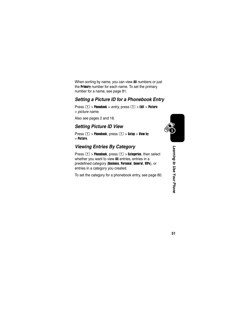 Setting a picture id for a phonebook entry, Setting picture id view, Viewing entries by category | Motorola E398 User Manual | Page 52 / 120