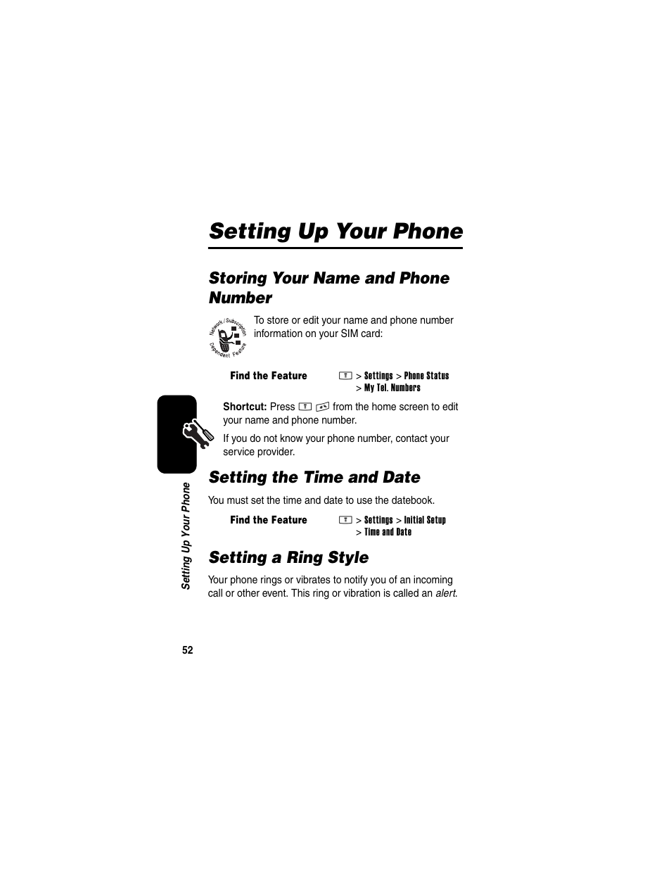 Setting up your phone, Storing your name and phone number, Setting the time and date | Setting a ring style | Motorola E398 User Manual | Page 53 / 120