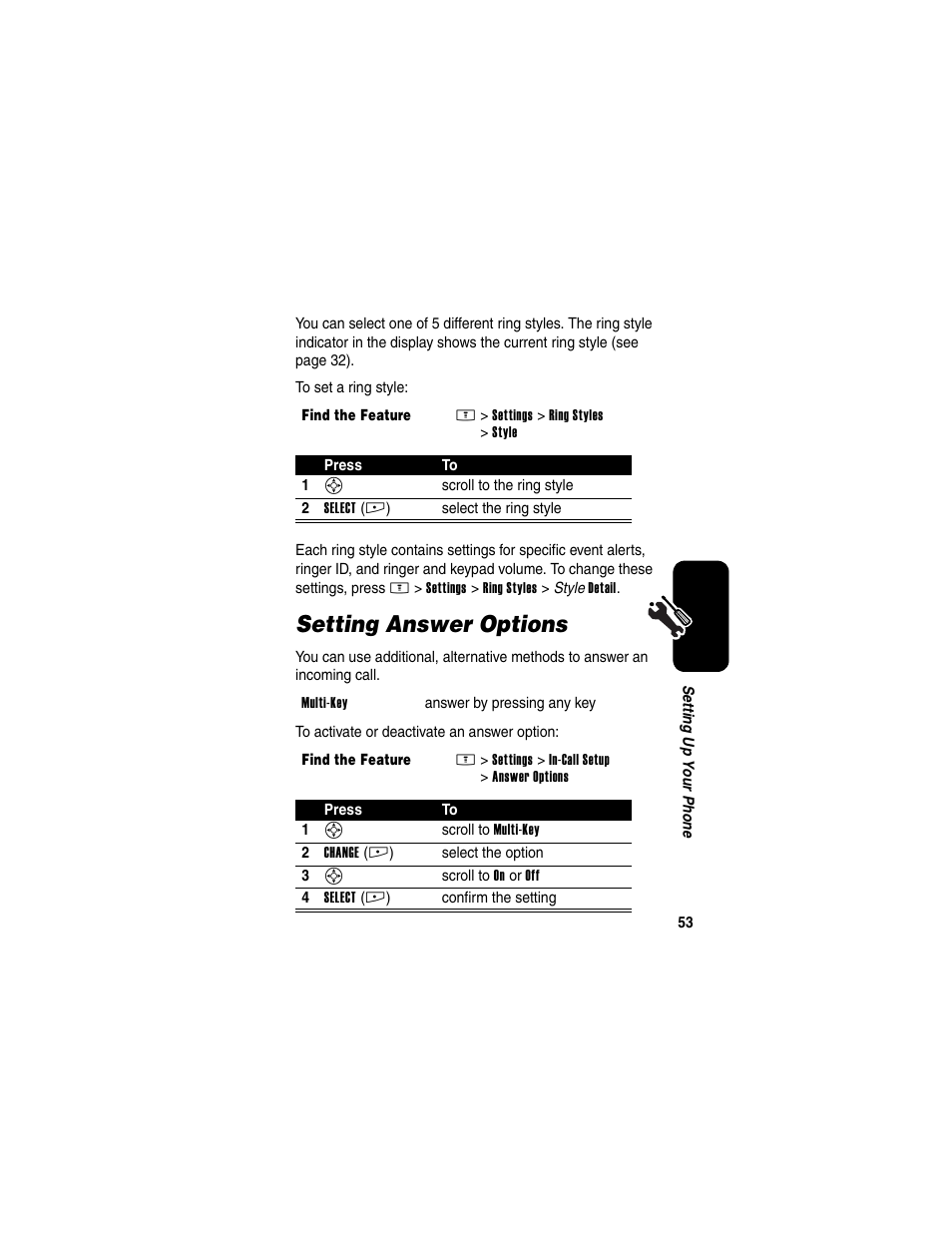 Setting answer options | Motorola E398 User Manual | Page 54 / 120