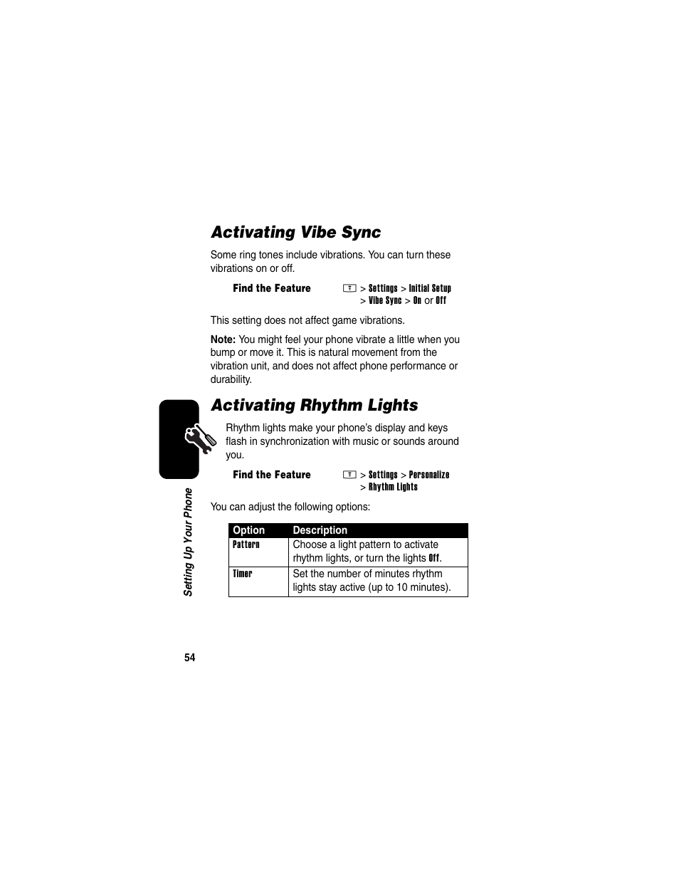 Activating vibe sync, Activating rhythm lights, Activating vibe sync activating rhythm lights | Motorola E398 User Manual | Page 55 / 120