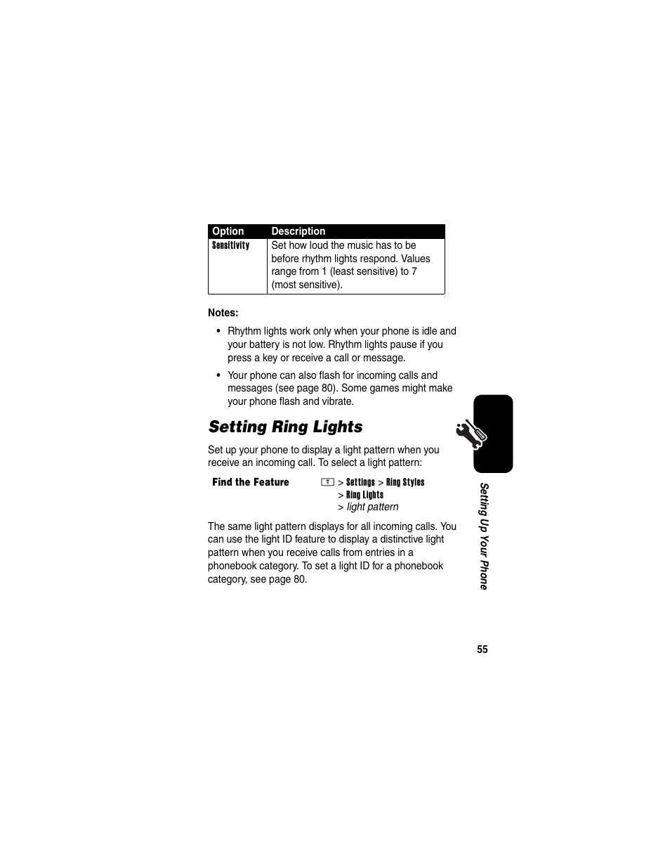 Setting ring lights | Motorola E398 User Manual | Page 56 / 120