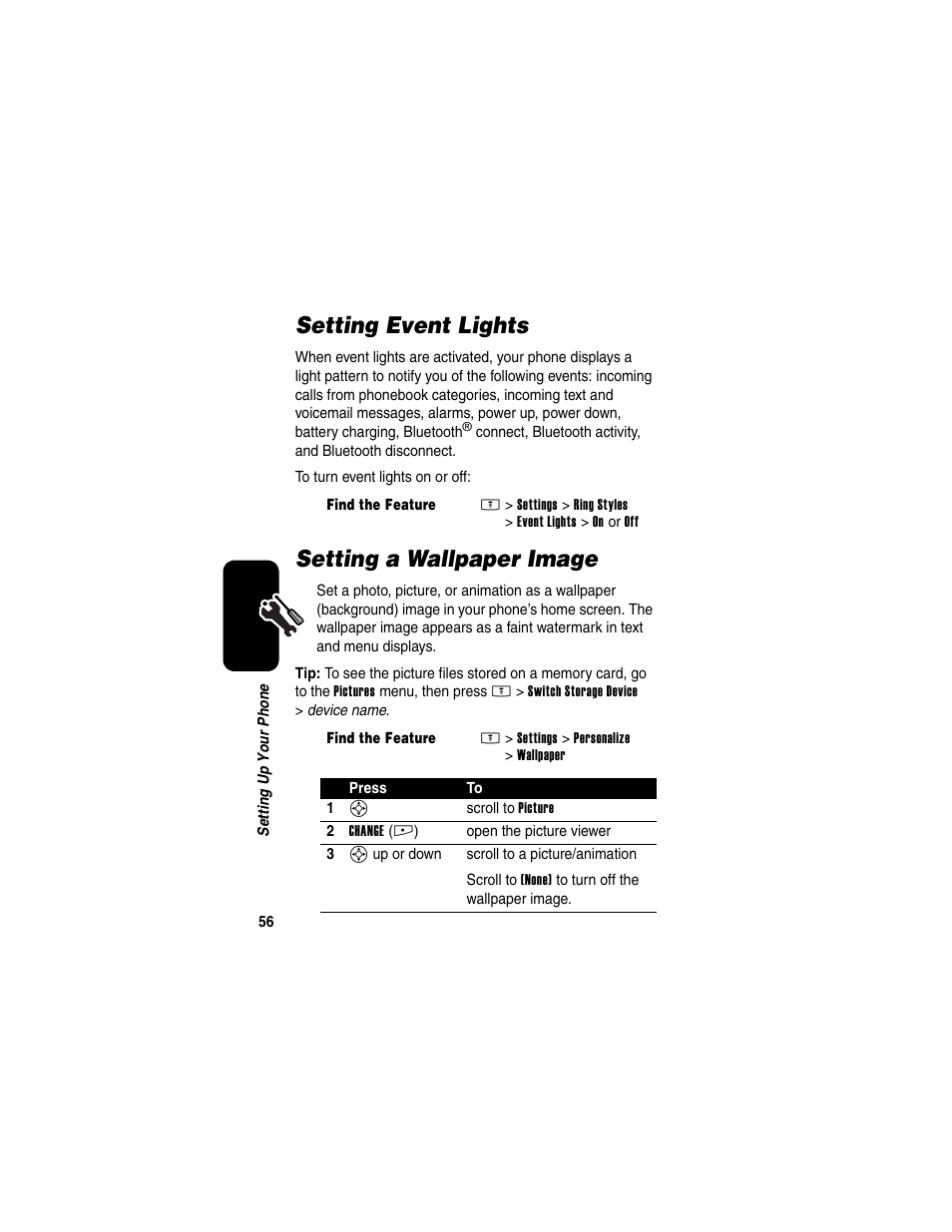 Setting event lights, Setting a wallpaper image, Setting event lights setting a wallpaper image | Motorola E398 User Manual | Page 57 / 120