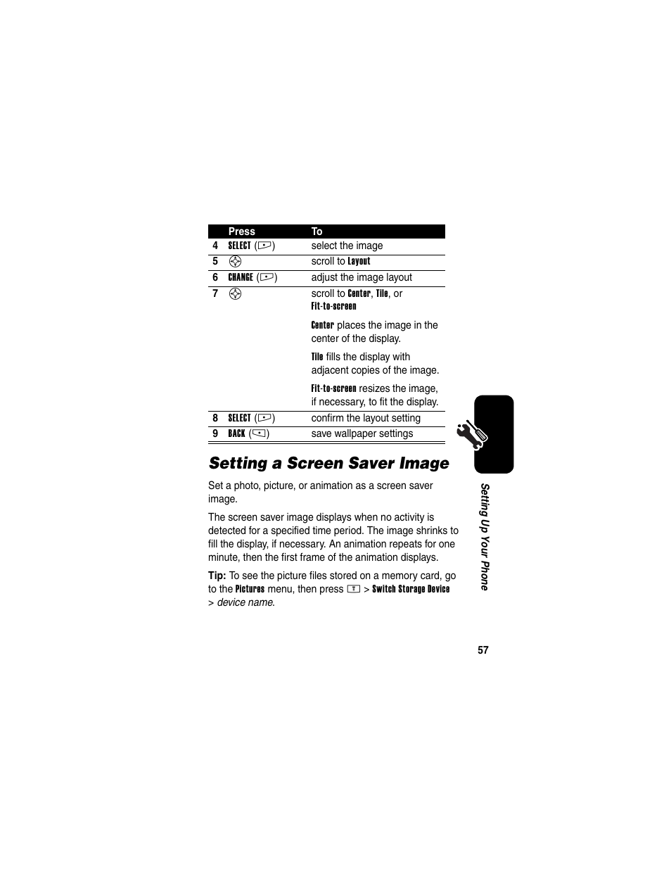 Setting a screen saver image | Motorola E398 User Manual | Page 58 / 120