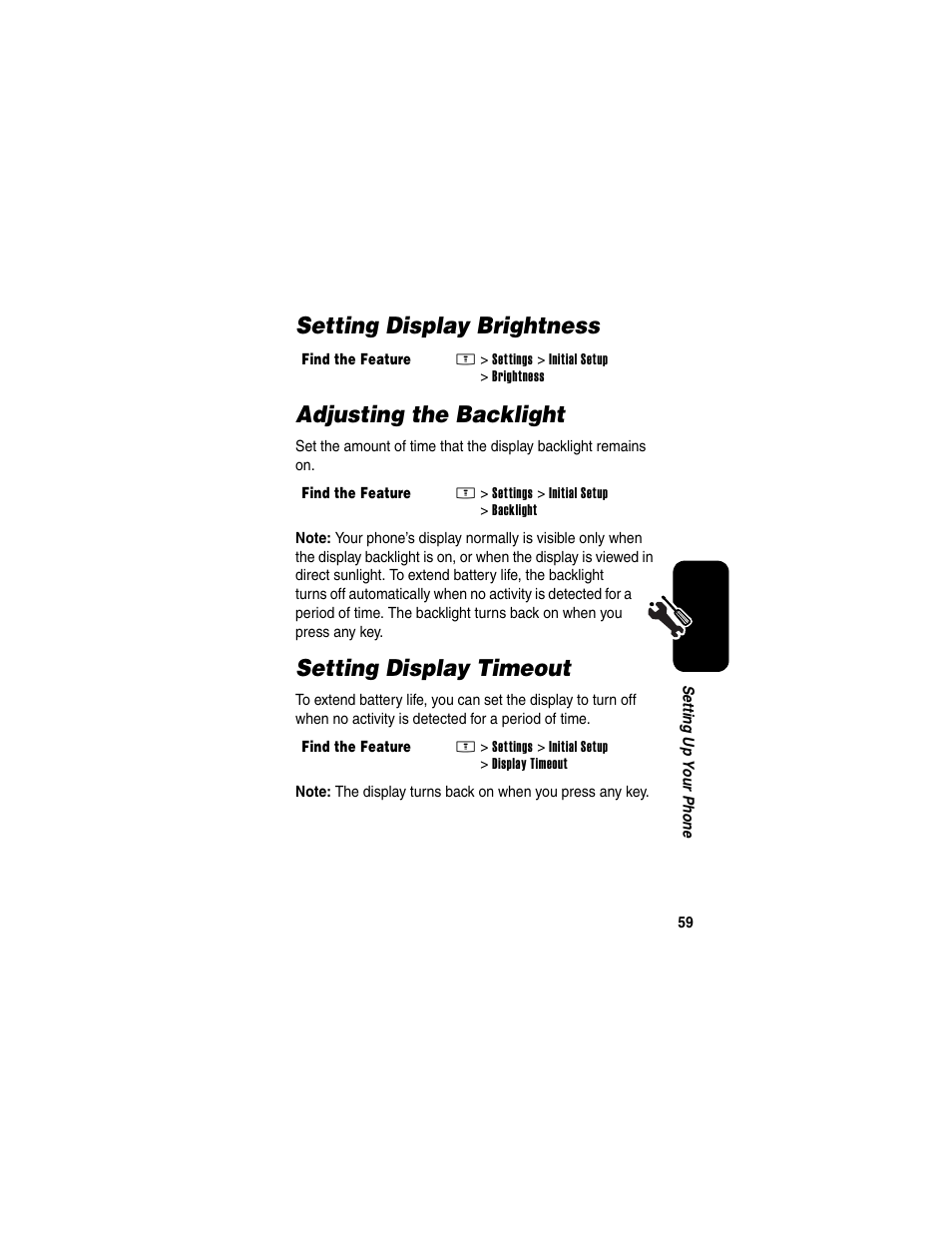 Setting display brightness, Adjusting the backlight, Setting display timeout | Setting display brightness adjusting the backlight | Motorola E398 User Manual | Page 60 / 120