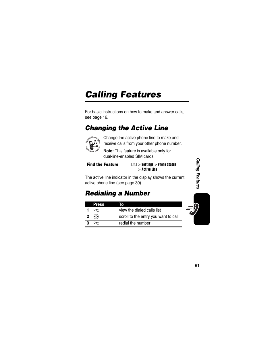 Calling features, Changing the active line, Redialing a number | Changing the active line redialing a number | Motorola E398 User Manual | Page 62 / 120