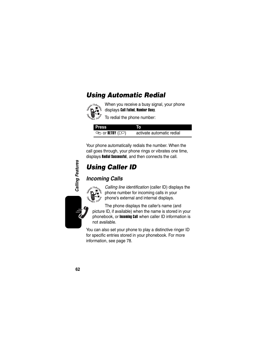 Using automatic redial, Using caller id, Using automatic redial using caller id | Motorola E398 User Manual | Page 63 / 120