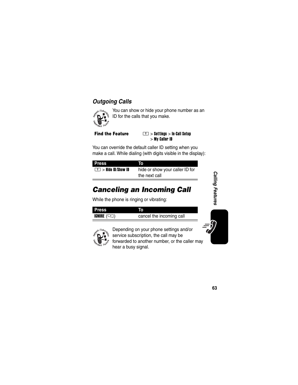 Canceling an incoming call, Outgoing calls | Motorola E398 User Manual | Page 64 / 120