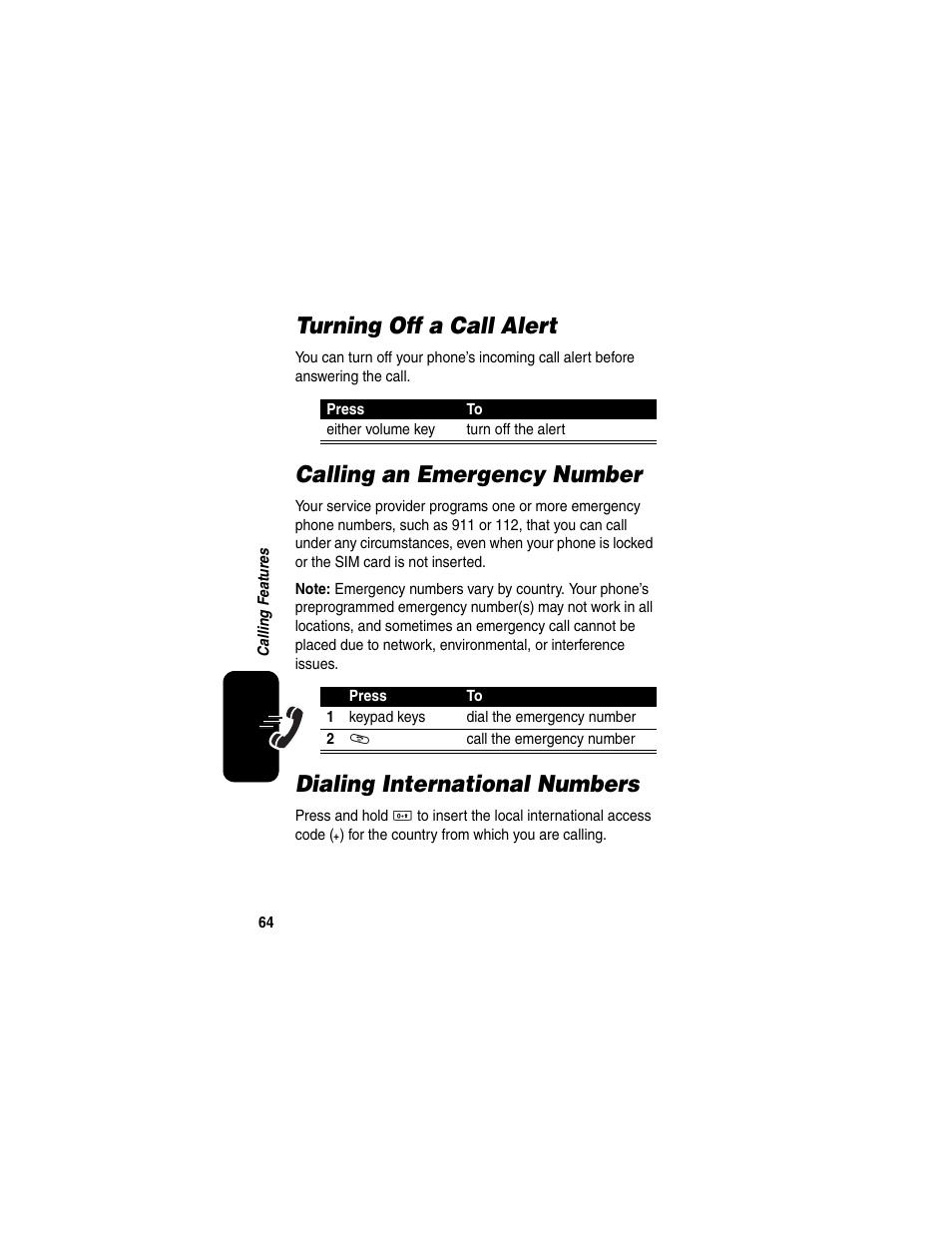 Turning off a call alert, Calling an emergency number, Dialing international numbers | Motorola E398 User Manual | Page 65 / 120