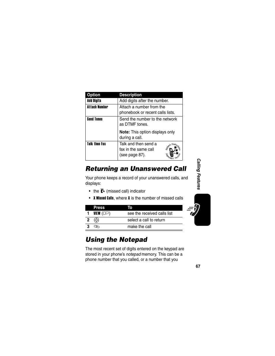 Returning an unanswered call, Using the notepad, Returning an unanswered call using the notepad | Motorola E398 User Manual | Page 68 / 120