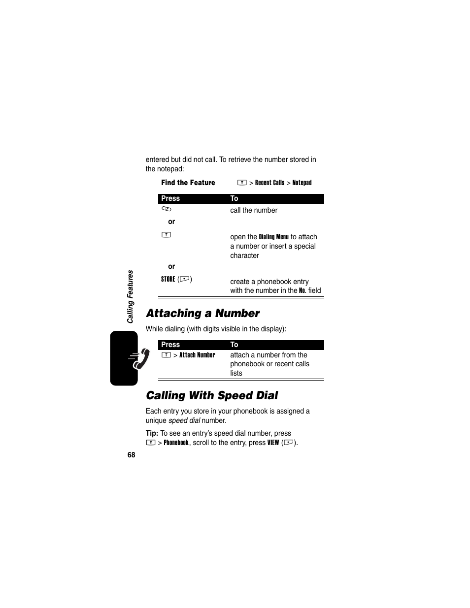 Attaching a number, Calling with speed dial | Motorola E398 User Manual | Page 69 / 120