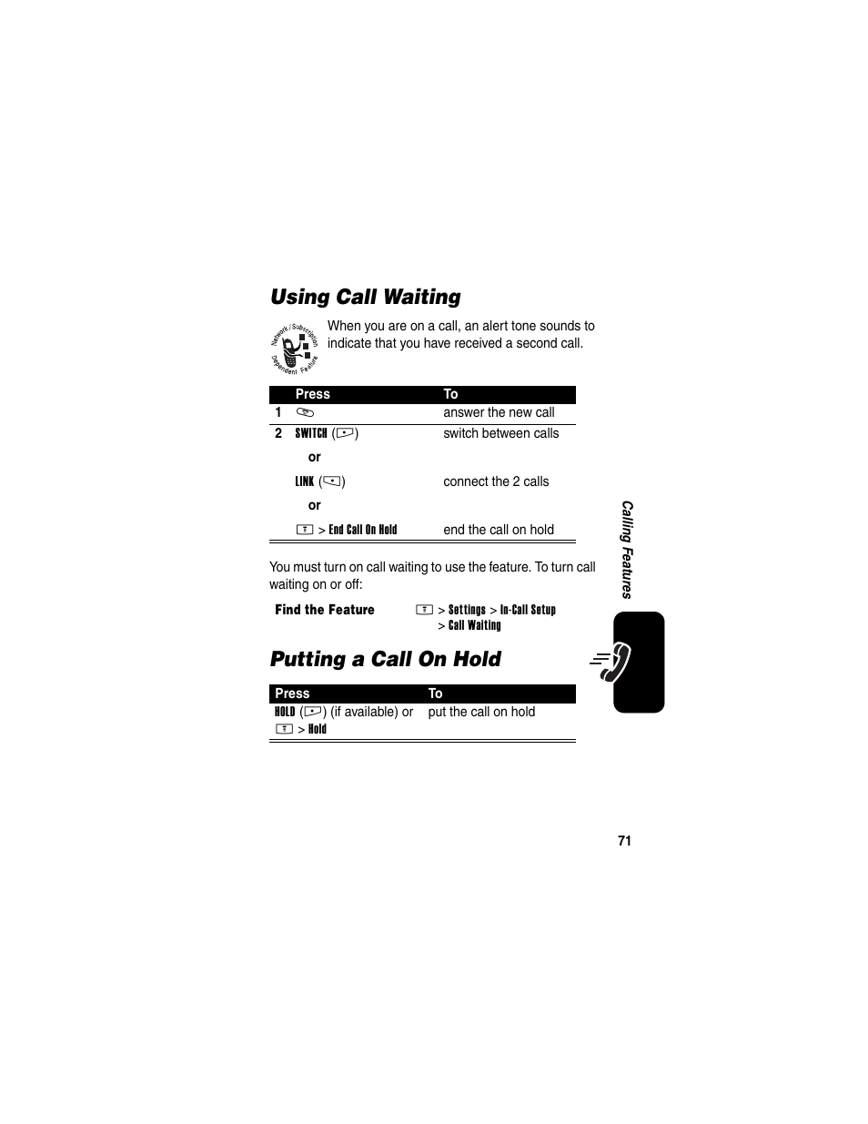 Using call waiting, Putting a call on hold, Using call waiting putting a call on hold | Motorola E398 User Manual | Page 72 / 120