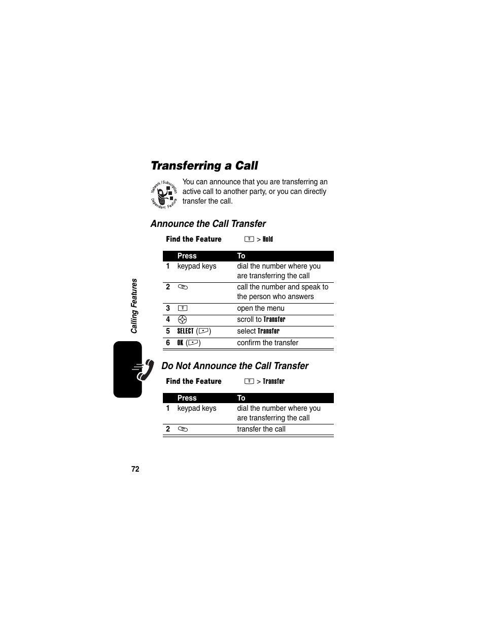 Transferring a call | Motorola E398 User Manual | Page 73 / 120