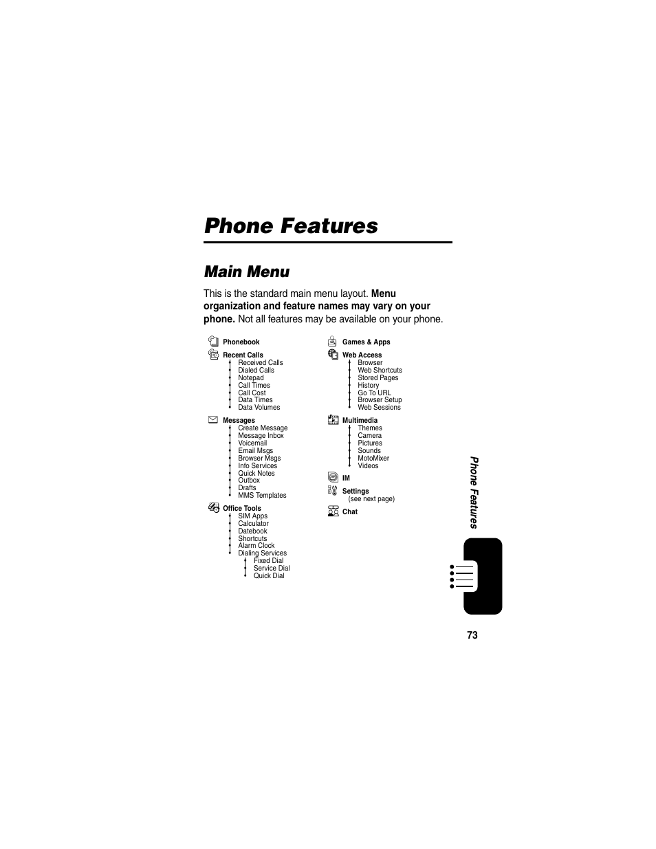 Phone features, Main menu, 73 ph on e fe a tur e s | Motorola E398 User Manual | Page 74 / 120