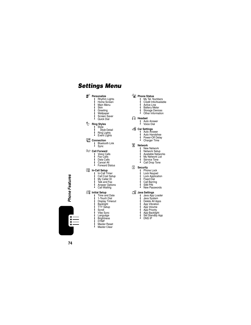 Settings menu, 74 ph on e fe ature s | Motorola E398 User Manual | Page 75 / 120