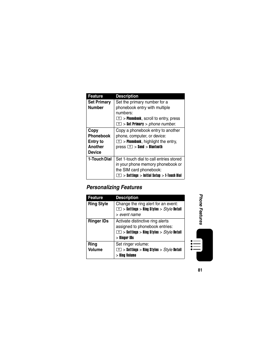 Personalizing features | Motorola E398 User Manual | Page 82 / 120