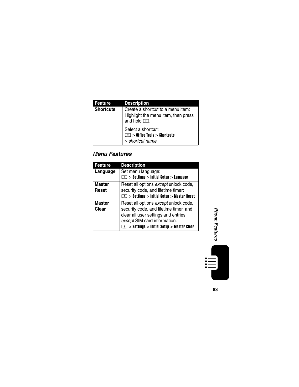 Menu features | Motorola E398 User Manual | Page 84 / 120